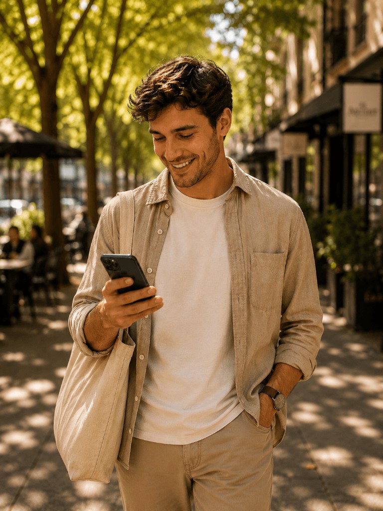 Man looking at his phone on a sunny street