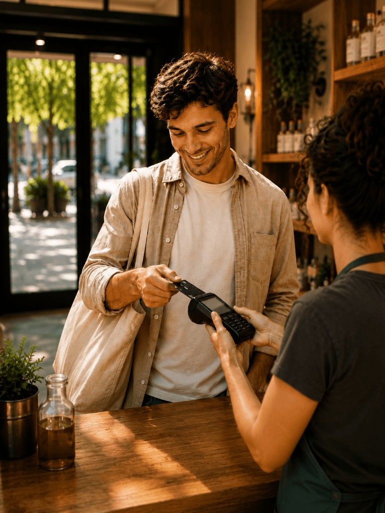 Man paying with a card at a shop counter